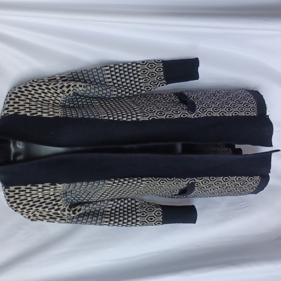 Ruby Moon Long Cardigan Sweater, black & cream, wool blend, Size Small - Picture 1 of 6
